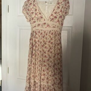 Adored Vintage In Loom Cream Midi Dress with Pink Floral Print and Lace Trim